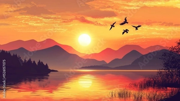 Fototapeta A serene sunset over a tranquil lake with mountains in the background, featuring a flock of ducks flying in the sky.