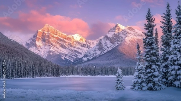 Fototapeta A serene winter landscape with snow-covered mountains, a frozen lake, and evergreen trees in the foreground.