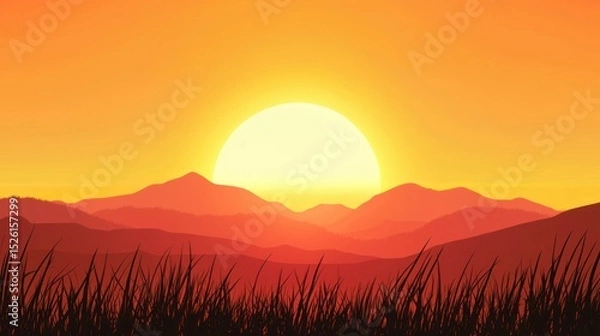 Fototapeta A serene sunset over a mountain range with a grassy foreground.