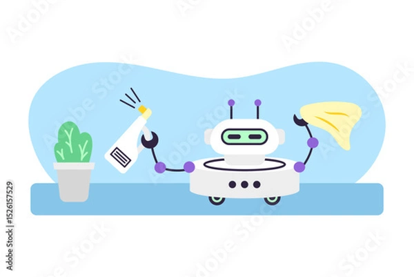 Fototapeta Cute robot cleaner waters flowers and wipes dust. Artificial intelligence robot assistant. Cleaning and smart home concept. Isolated vector illustration.
