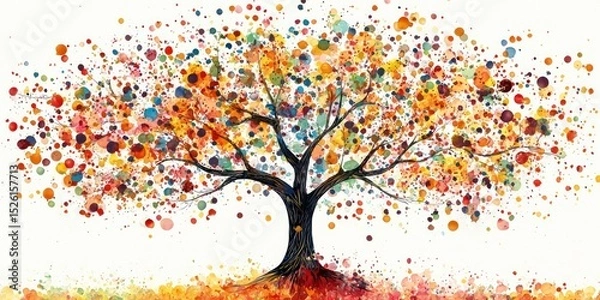 Fototapeta A colorful tree with autumn leaves, set against a white background, with a person standing in the foreground.