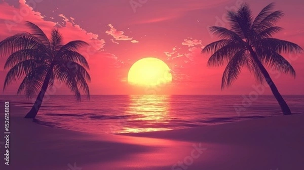 Fototapeta Two palm trees silhouetted against a vibrant, pink and orange sunset sky, with the ocean in the foreground and a sandy beach extending into the distance.