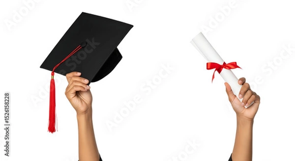Fototapeta Graduation Celebration: Hands Holding Cap and Diploma on isolated on transparent background Generative Ai PNG  Raised Hands with Graduation Cap and Rolled Diploma Academic Achievement 