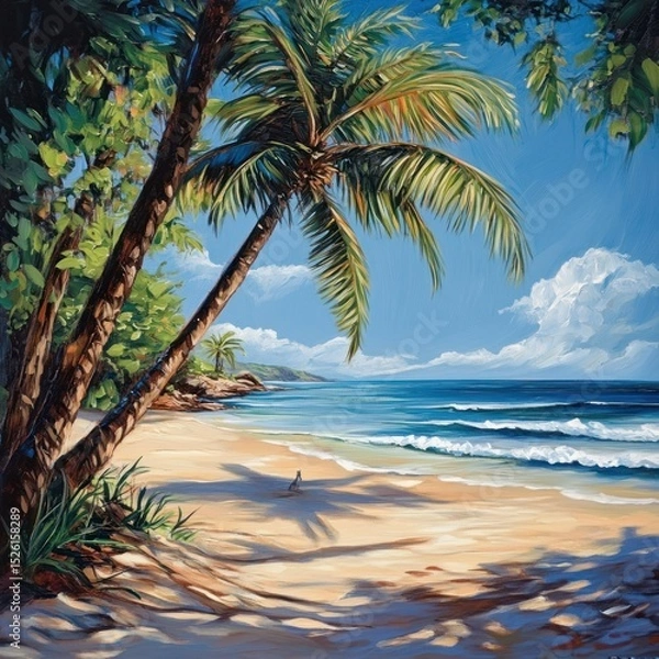 Fototapeta A serene beach scene with palm trees, a person walking on the sand, and a clear blue sky with white clouds.
