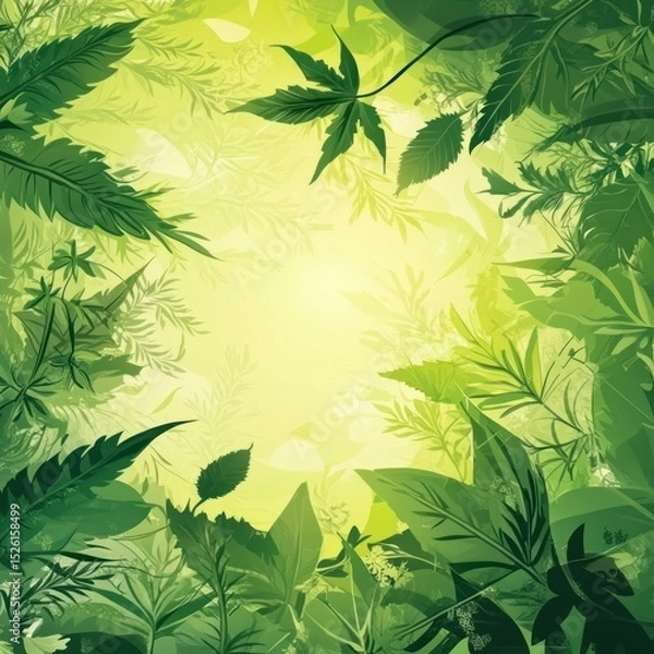 Fototapeta A vibrant green and yellow abstract floral background with a mix of leaves, flowers, and branches