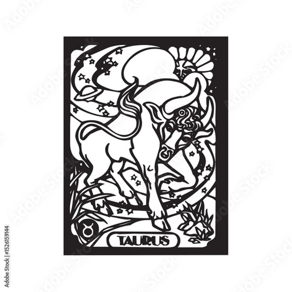 Fototapeta Vector isolated Taurus tarot card design zodiac sign  colorless black and white contour line easy drawing coloring page