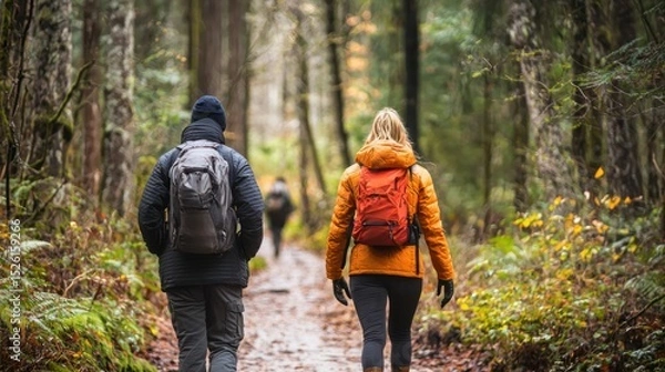 Fototapeta Two people walking on a forest trail, wearing jackets and backpacks, with a woman leading the way.