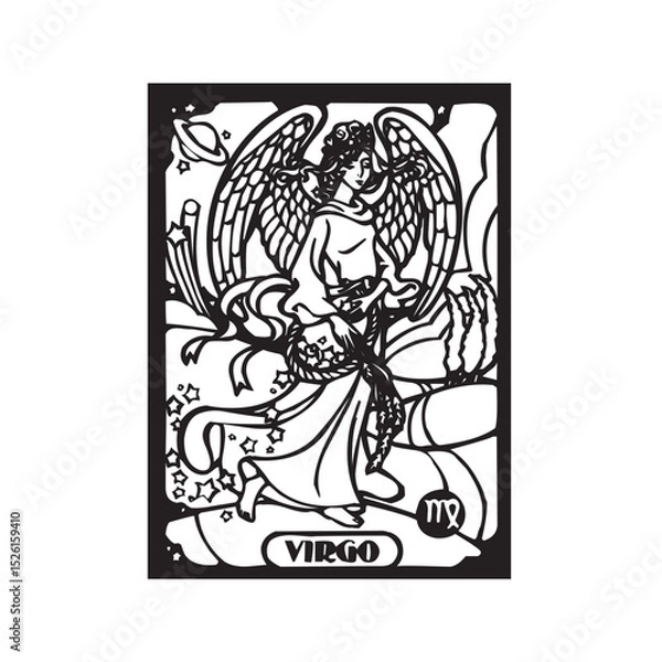 Fototapeta Vector isolated Virgo tarot card design zodiac sign  colorless black and white contour line easy drawing coloring page