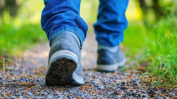 Fototapeta A person walking on a gravel path in a forest, wearing blue jeans and gray sneakers, with green grass and trees in the background.
