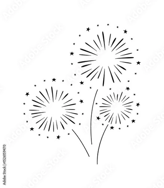 Fototapeta Fireworks, fireworks, festive lights. Sparks, stars, isolated on a white background, vector illustration. Black and white graphic silhouette of New Year's explosions. An element for a holiday