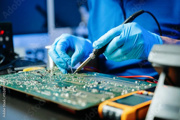 Fototapeta Closeup of expert soldering a green PCB board using precision tools. Ideal for electronics, circuit repair, engineering, tech