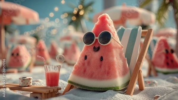 Fototapeta Chill Watermelon Character at Beach