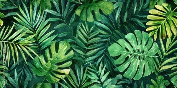 Fototapeta A vibrant tropical leaf pattern with green and yellow hues, set against a dark background.