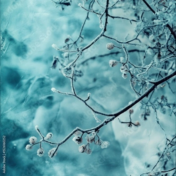 Fototapeta A frozen tree branch with snow-covered berries against a blue and white abstract background.