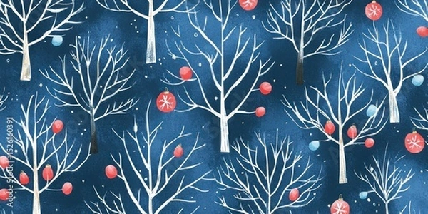 Fototapeta A winter scene with white trees, red and blue ornaments, and a blue background.