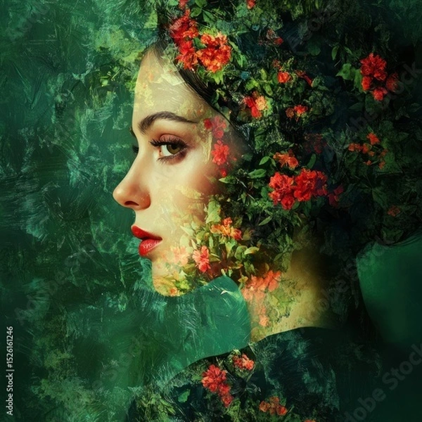 Fototapeta A woman with red flowers in her hair, wearing a green dress, against a green and red background with a green and red flower arrangement in the foreground.