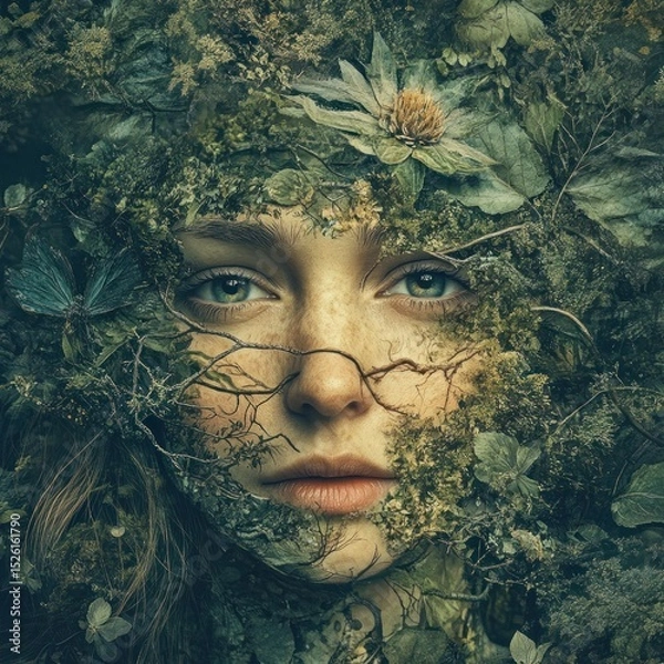 Fototapeta A woman's face adorned with a forest of leaves and flowers, set against a lush green background.