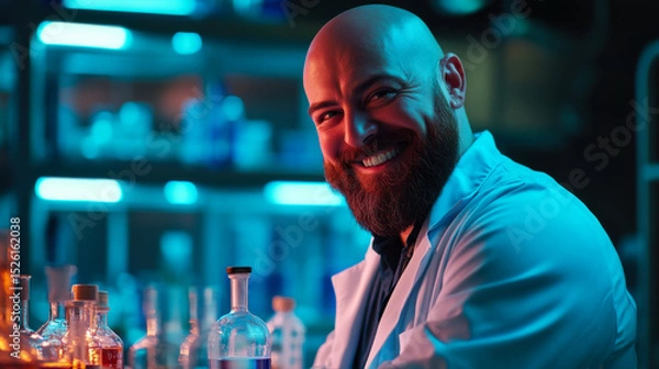Fototapeta Scientist conducting research in a modern laboratory with a futuristic atmosphere at night
