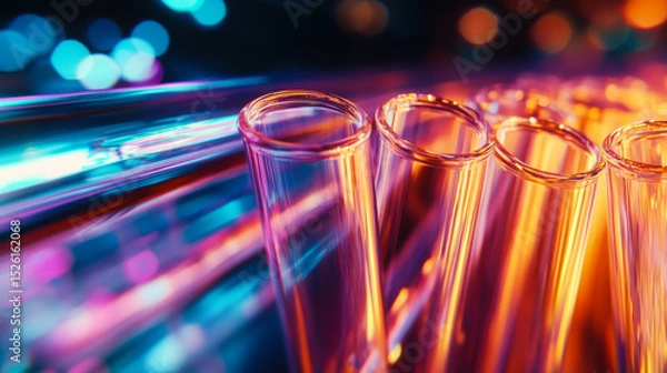 Fototapeta Colorful glass test tubes arranged in a dynamic and artistic manner capturing vibrant lighting effects