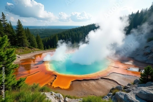 Fototapeta Geothermal steam rises from the ground amidst lush greenery and rocks, geothermal, forest, wildlife