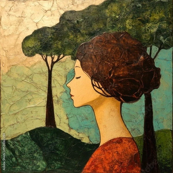 Fototapeta A woman with brown hair, wearing a red dress, standing in front of a forest with trees and a mountain in the background.