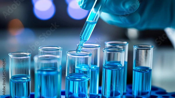 Fototapeta Experimental process in a laboratory with blue chemical solution and pipette during scientific research