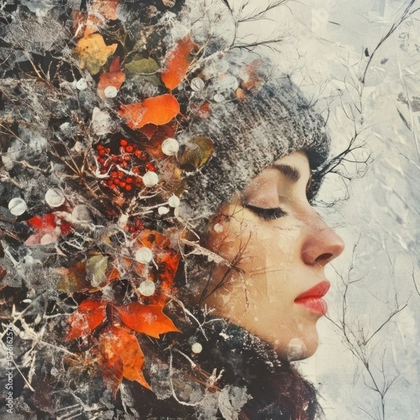 Fototapeta A woman with a winter hat and scarf, surrounded by snowy branches and leaves, with a serene expression on her face.