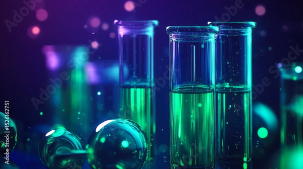 Fototapeta Colorful test tubes filled with liquid sitting on a lab table illuminated with vibrant lights at night