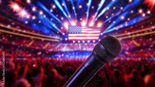 Fototapeta A lively Fourth of July celebration with fireworks American flags and a crowd cheering with plenty of space for above. A vibrant independence day festivity featuring pyrotechnics national