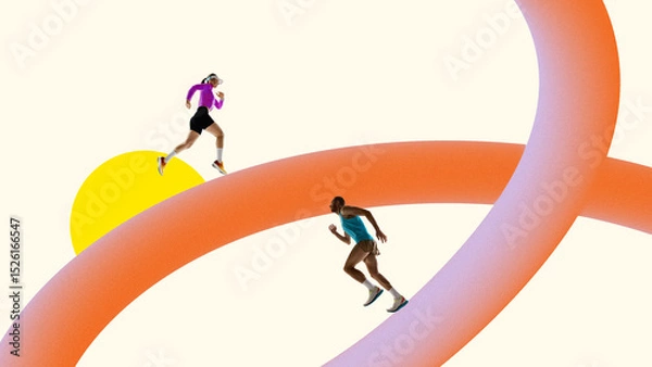 Fototapeta Conceptual art collage. Two athletes running on intertwined 3D gradient tracks with yellow sun in abstract minimal background. Concept of sport, athletic championship, tournament, action.