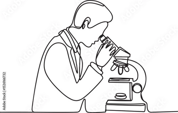 Fototapeta Continuous one line drawing of a scientist using a microscope in a laboratory, minimal outline vector illustration of medical research scene

