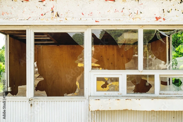 Fototapeta Broken glass windows on old abandoned urban kiosk