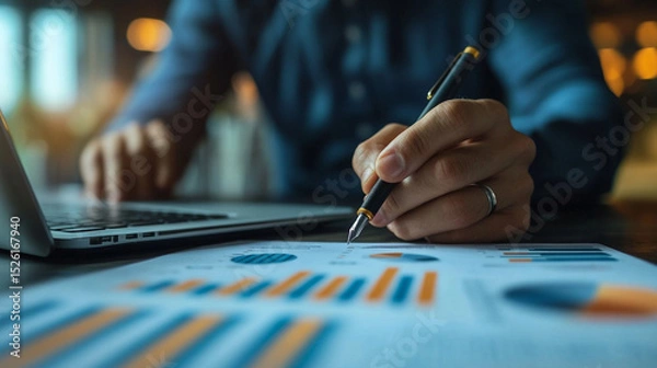 Fototapeta Close‑up of a businessman’s hand with pen over printed charts and diagrams beside a laptop, analyzing financial reports, investment data, sales stats and performance trends.