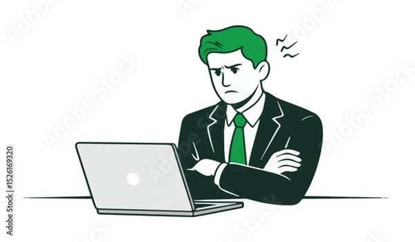 Fototapeta Focused Businessman with Laptop: Professional Male Character Working on Computer in Modern Vector Style

