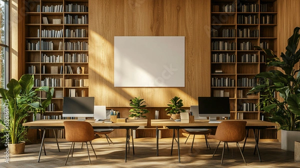 Fototapeta Blank poster mockup on warm wooden wall in a modern library: sleek bookshelves, tidy computer desks bathed in soft daylight, minimalist 3D‑rendered atmosphere.