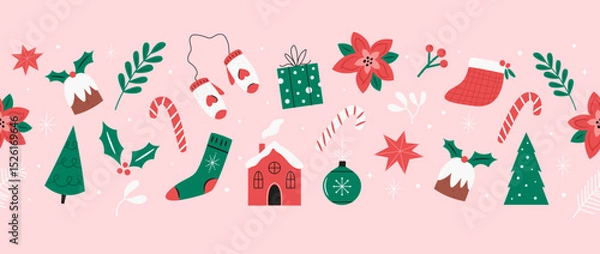 Fototapeta Cute Christmas Seamless Border, Pattern With Stockings, Candy Canes, Holiday Elements