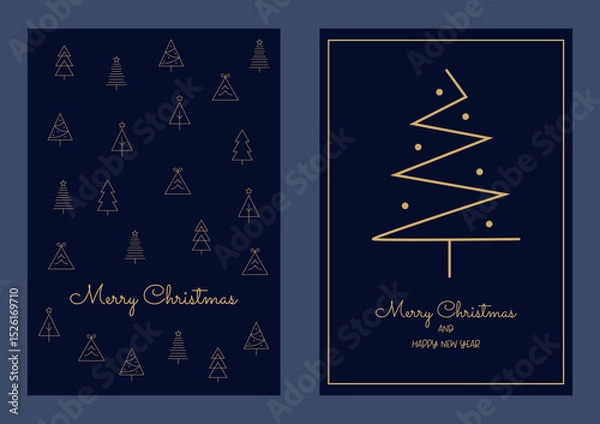 Fototapeta Minimal Christmas Card with Gold Line Trees on Dark Blue Background. Elegant Holiday Greeting