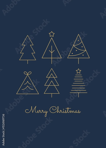 Fototapeta Minimal Christmas Card with Gold Line Trees on Dark Blue Background. Elegant Holiday Greeting
