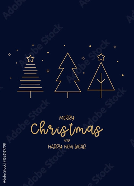 Fototapeta Minimal Christmas Card with Gold Line Trees on Dark Blue Background. Elegant Holiday Greeting