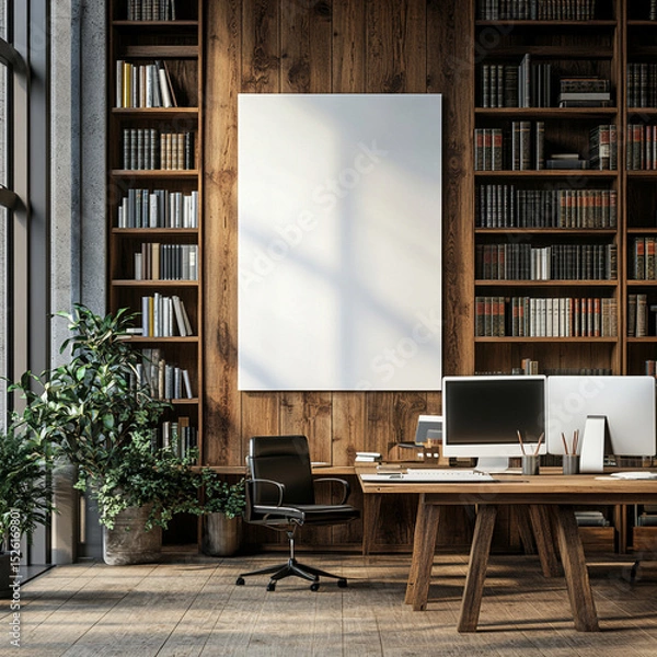 Fototapeta Blank poster mockup on warm wooden wall in a modern library: sleek bookshelves, tidy computer desks bathed in soft daylight, minimalist 3D‑rendered atmosphere.