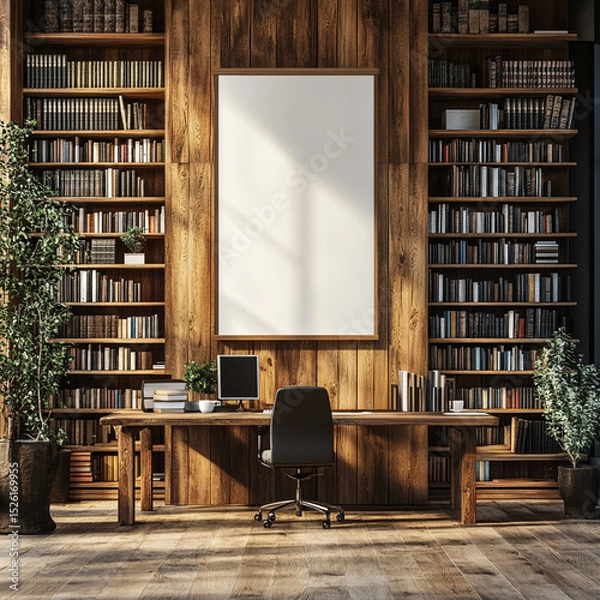 Fototapeta Blank poster mockup on warm wooden wall in a modern library: sleek bookshelves, tidy computer desks bathed in soft daylight, minimalist 3D‑rendered atmosphere.