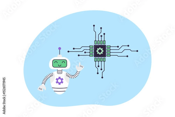 Fototapeta Cute robot points at electronic chip. Artificial Intelligence Virtual Assistant. Business and Education Concept. Isolated vector illustration.