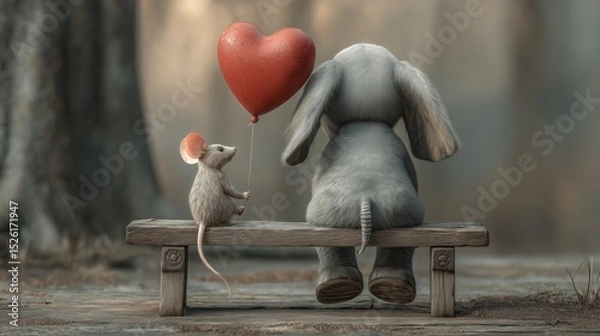 Fototapeta Mouse and Elephant Sitting Together on Bench
