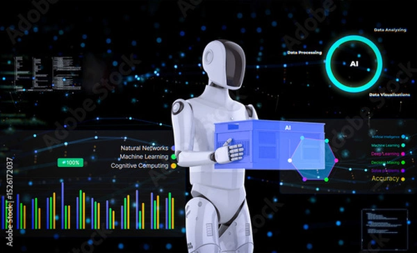 Fototapeta Automation warehouse with assistant robot work in warehouse with digital graphic display