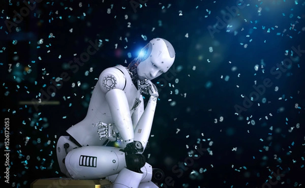 Fototapeta Ai robot sit down and think or compute like thinker man