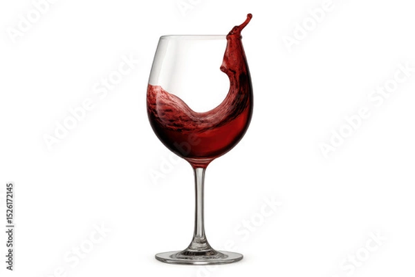 Fototapeta Crystal clear wine glass with swirling, splashing red wine on a transparent background, perfect for adding a touch of elegance to any design