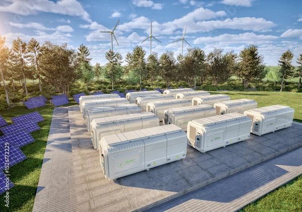 Fototapeta Group of energy storage systems or battery container units