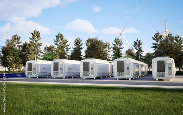 Fototapeta Group of energy storage systems or battery container units