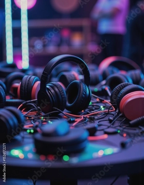 Obraz Silent disco setup with headphones stacked on a table, ready for fun