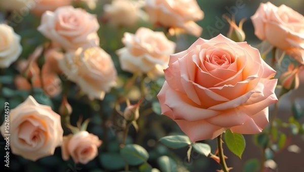 Obraz Soft Peach Rose in Bloom with Blurred Rose Garden Background